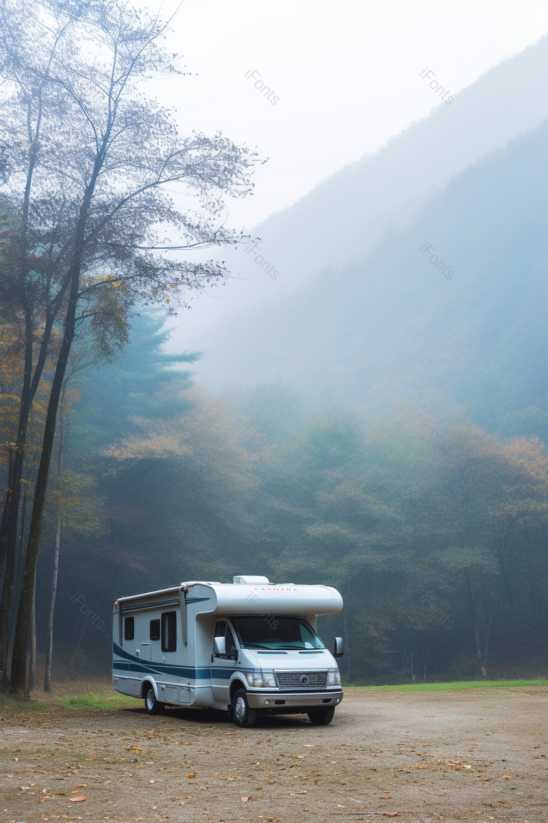 秋季户外大雾停放的露营房车,高清,摄影图,摄影图片,图片大全,摄影图免费下载